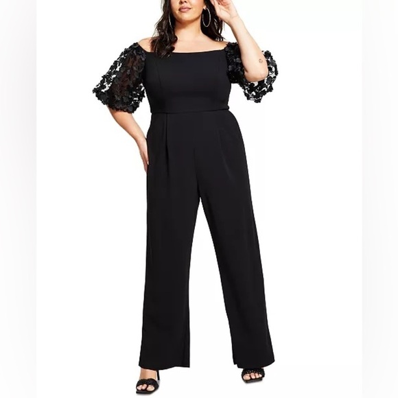 Xscape Pants - Xscape Puffed-Sleeve Off-The-Shoulder Jumpsuit